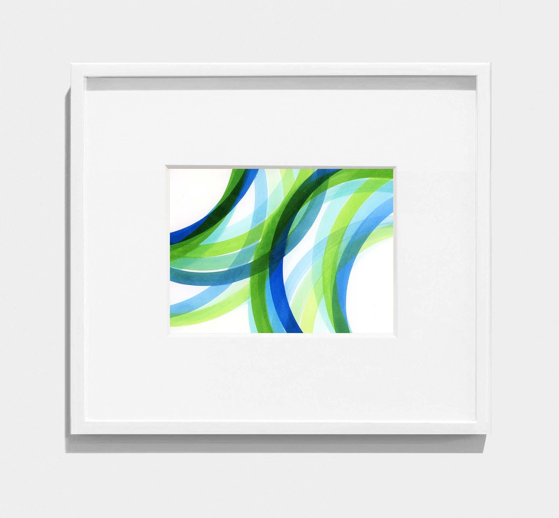 framed abstract painting of interlocking green, blue, turquoise circles