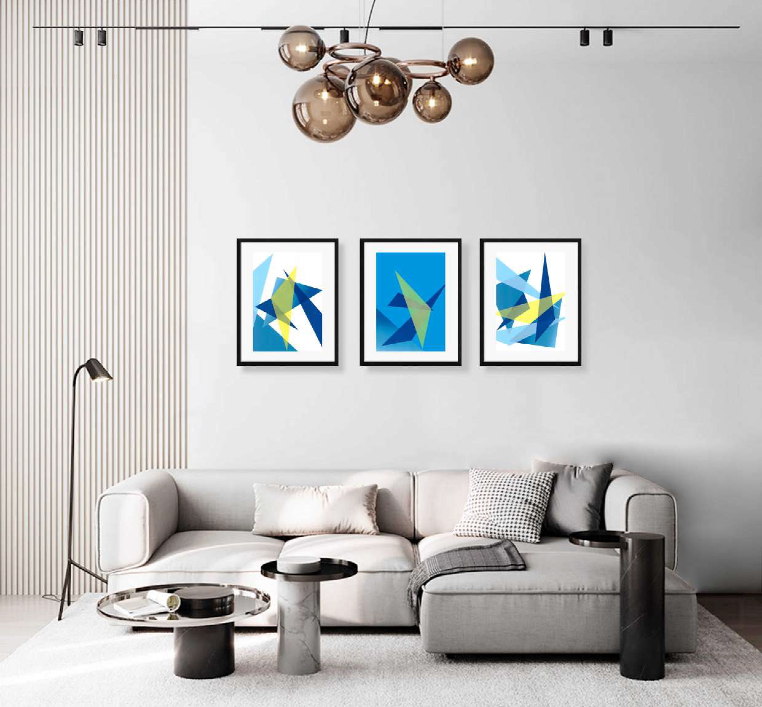 variety collection of framed blue and yellow geometric shaped print interior display
